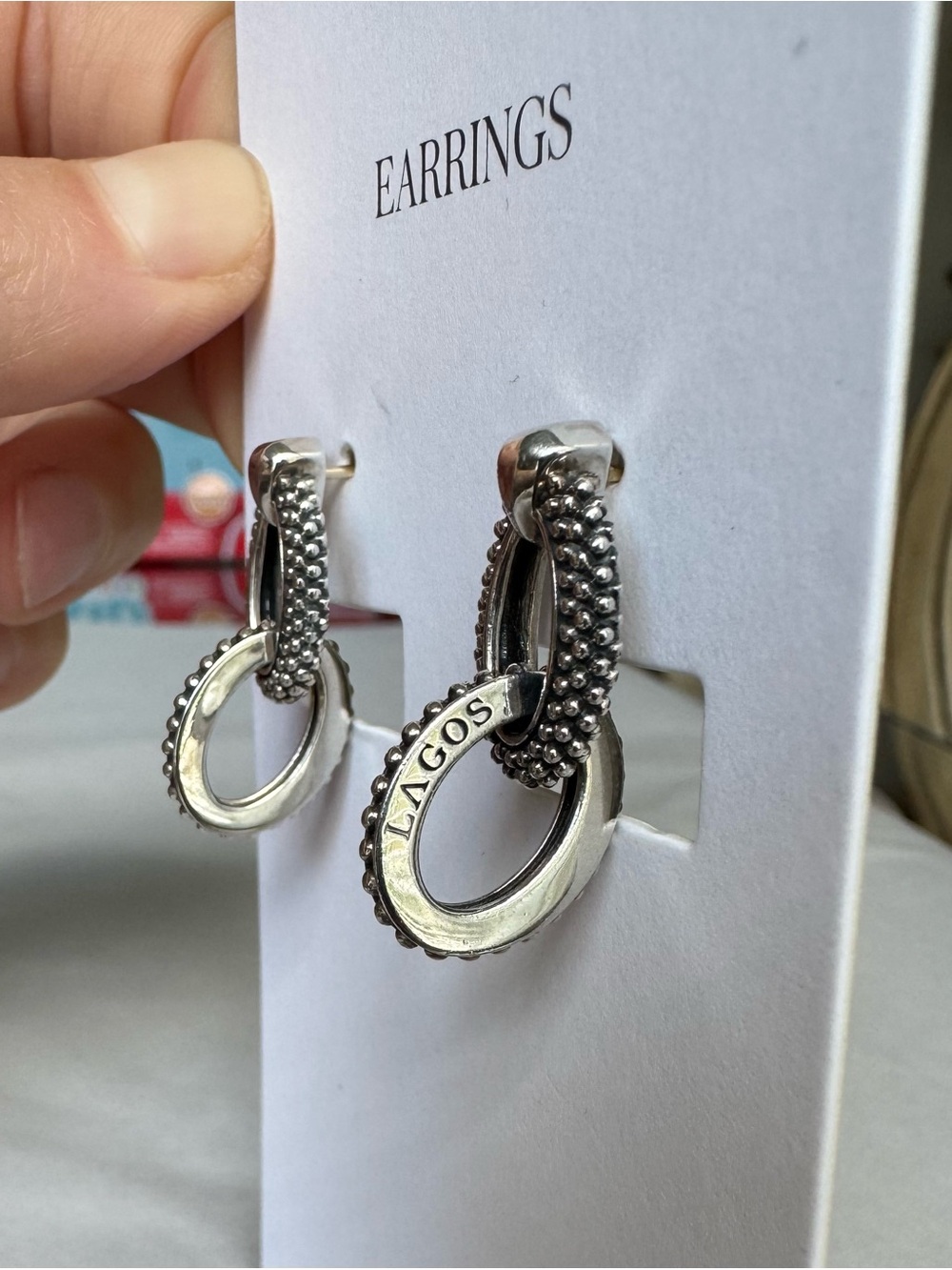 LAGOS Signature Double Oval Caviar Beaded Drop Earrings 925 Sterling Silver - Picture 4 of 9